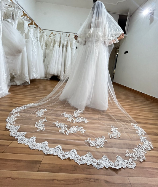 GownLink's Alluring Beauty Bridal Long Veil with Comb Customized with Delicate Patches GLVHL08