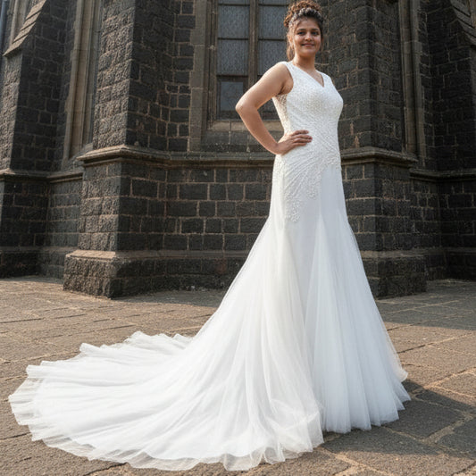 GownLink White A-Line Mermaid Fish Cut Wedding Gown with Pearl Beads & Train Gown Elegant Christian & Catholic Bridal Dress-GL-Lily