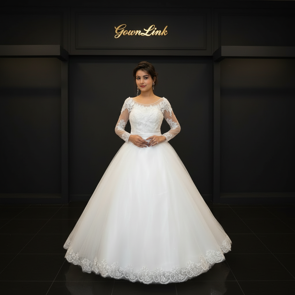 GownLink GLYCX01B Shimmer Bridal Wedding Gown with Train – Elegant Christian White Lace Long Sleeve Dress