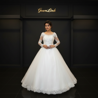 GownLink GLYCX01B Shimmer Bridal Wedding Gown with Train – Elegant Christian White Lace Long Sleeve Dress
