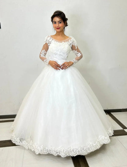 GownLink GLYCX01B Shimmer Bridal Wedding Gown with Train – Elegant Christian White Lace Long Sleeve Dress