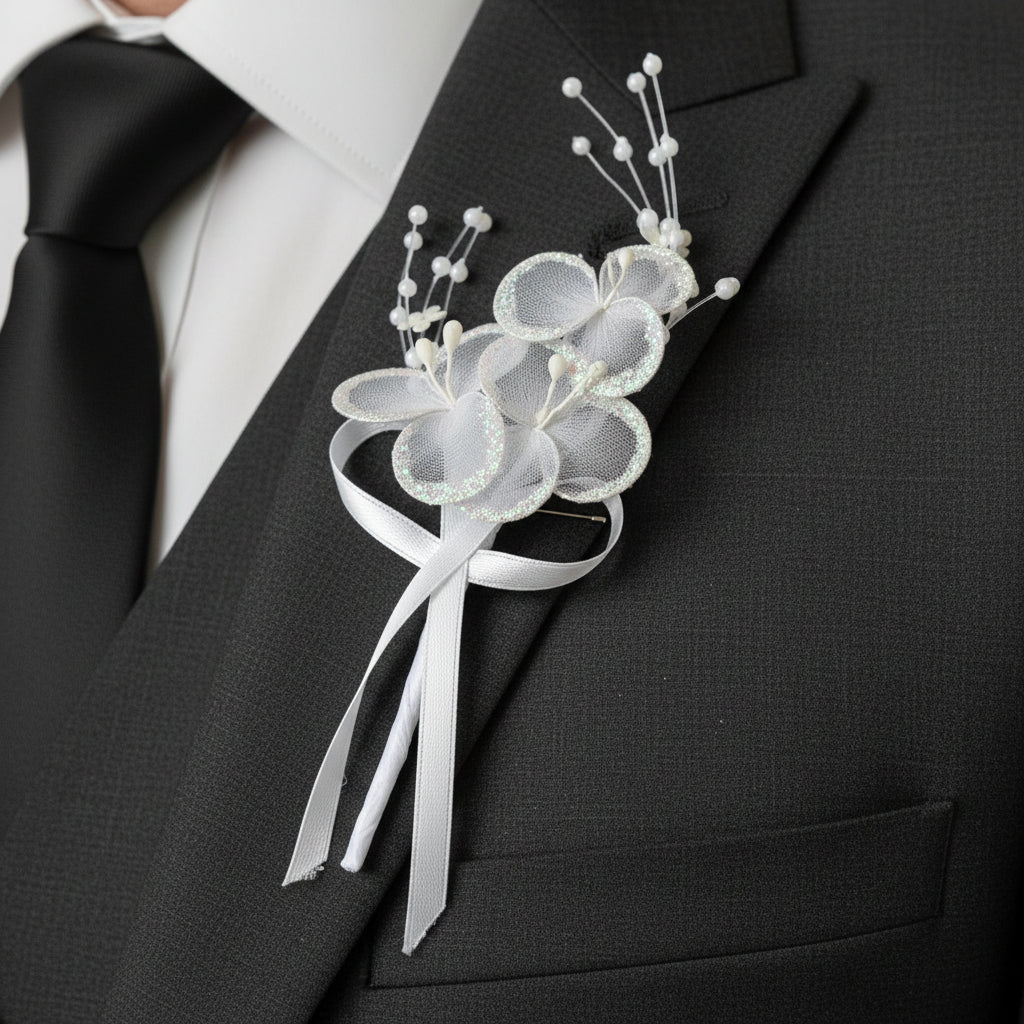 GownLink's  Unveiled Charm White Elegance Meets Boutonniere Set of 2 pieces CF46