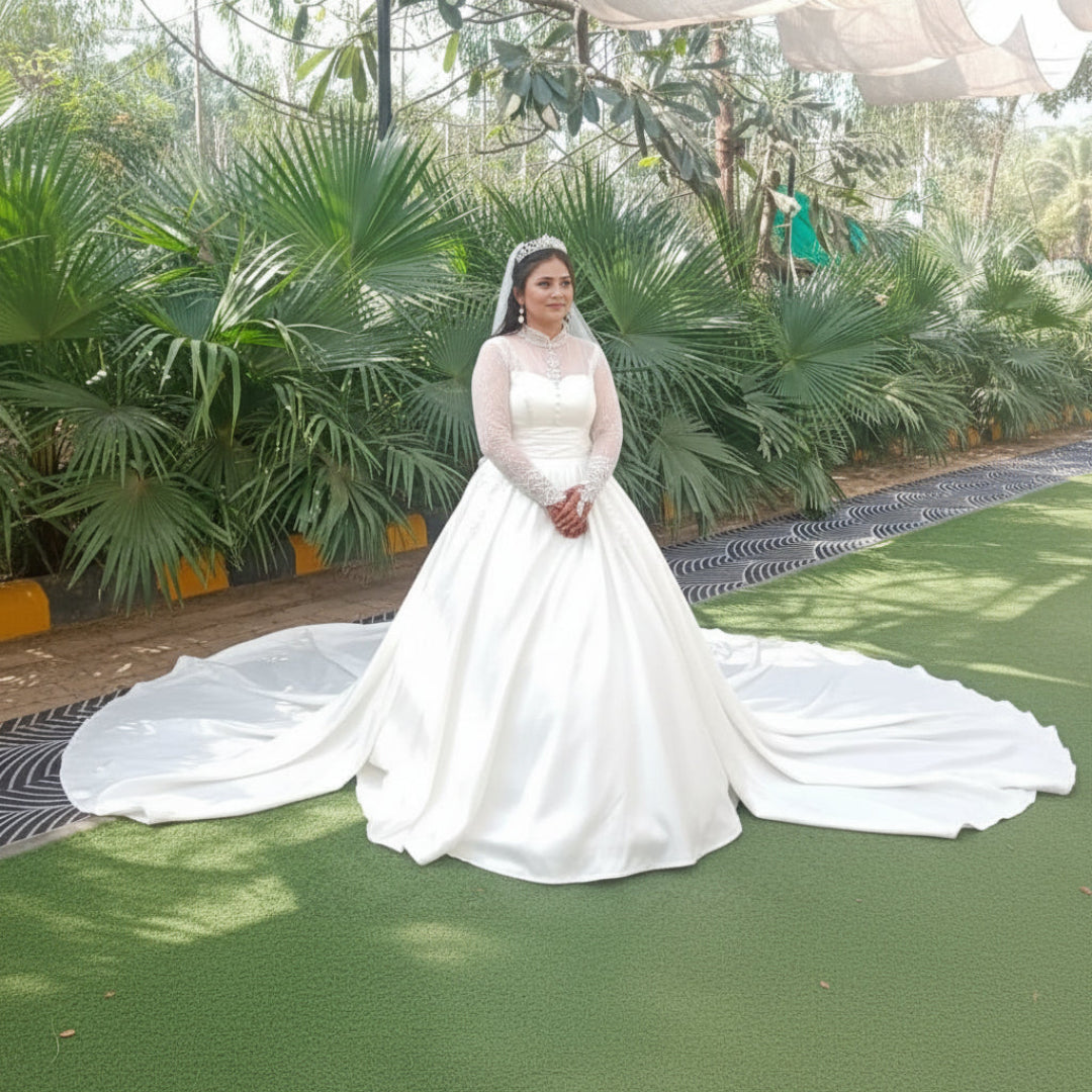 GownLink White Christian & Catholics Wedding Train Satin Dress With Sleeves GLHSD500