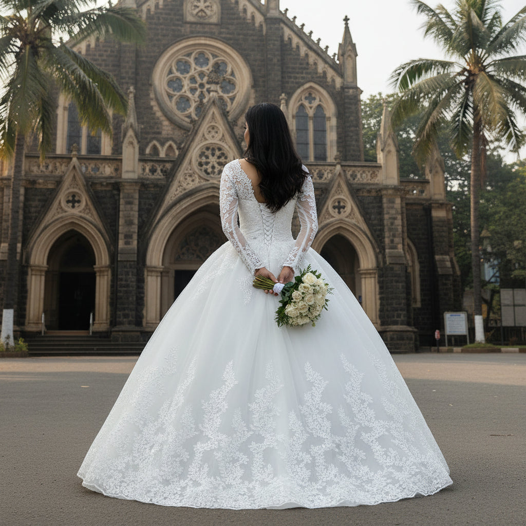White Christian bridal dress for church wedding in Odisha