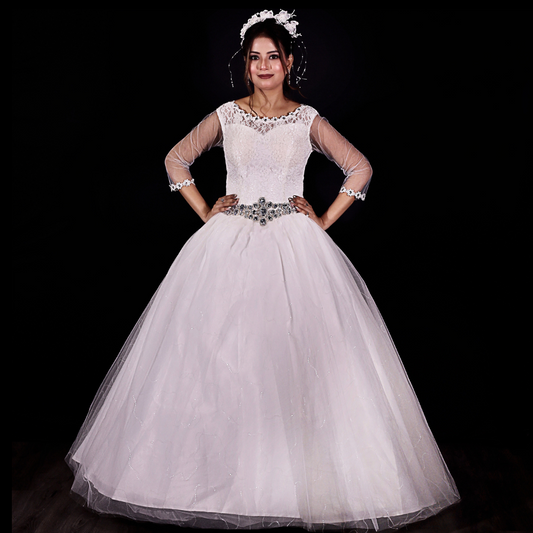 White wedding dress with intricate detailing in Shillong