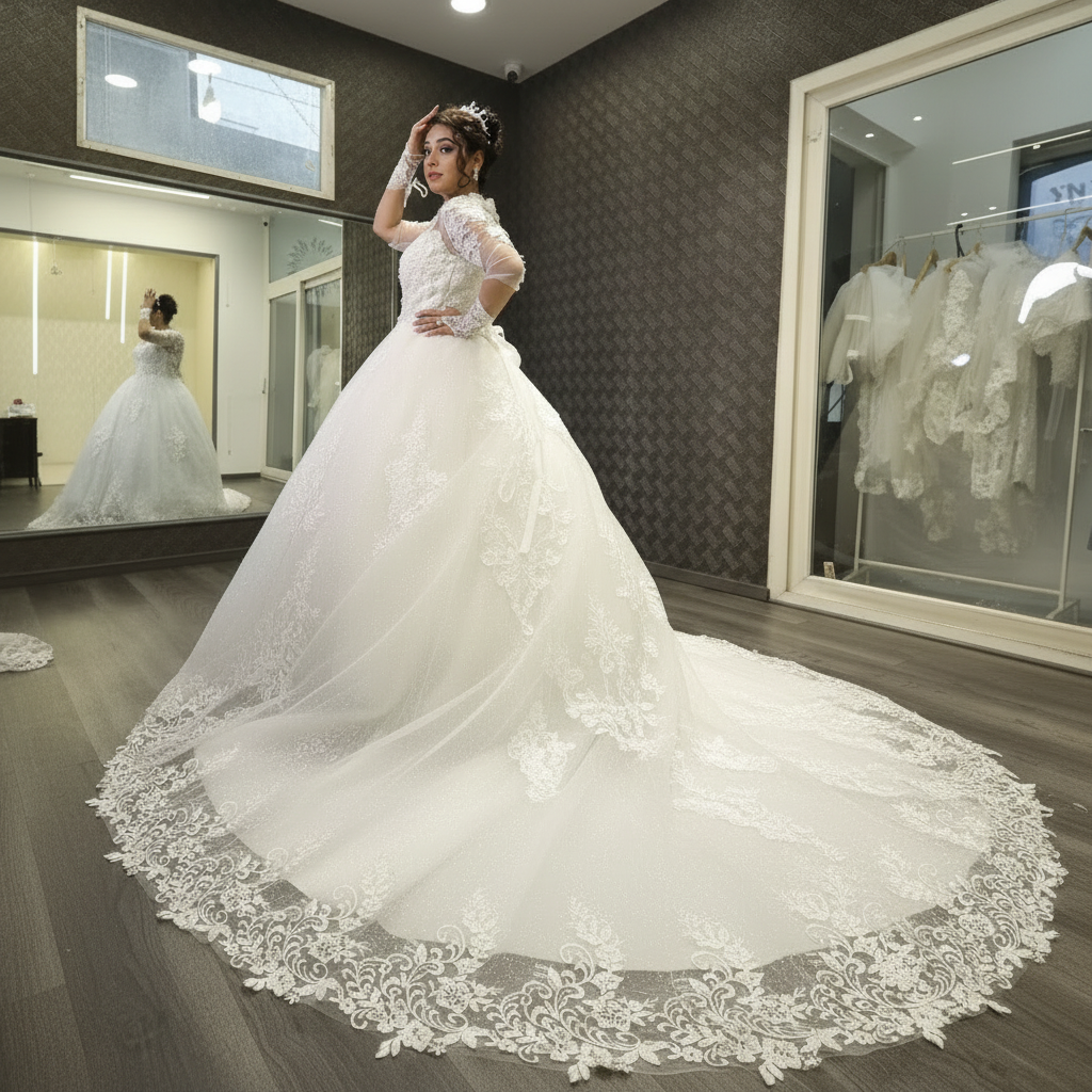 GownLink White Cathedral Train High Neck Church Wedding Bridal Gown GLGT053T