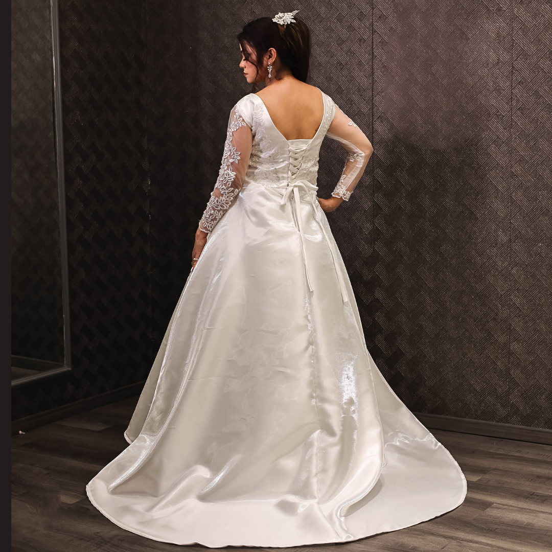 Full-length view of White Bridal Gown Satin with Train with train spread on floor — GownLink GLHMST7