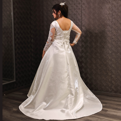 Full-length view of White Bridal Gown Satin with Train with train spread on floor — GownLink GLHMST7