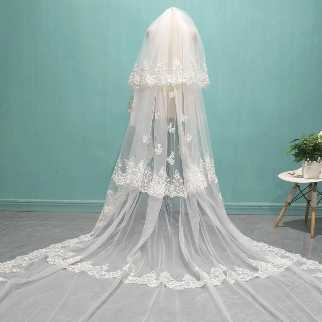 Model wearing Long Bridal Veil with bridal gown — GownLink GLVAL038W