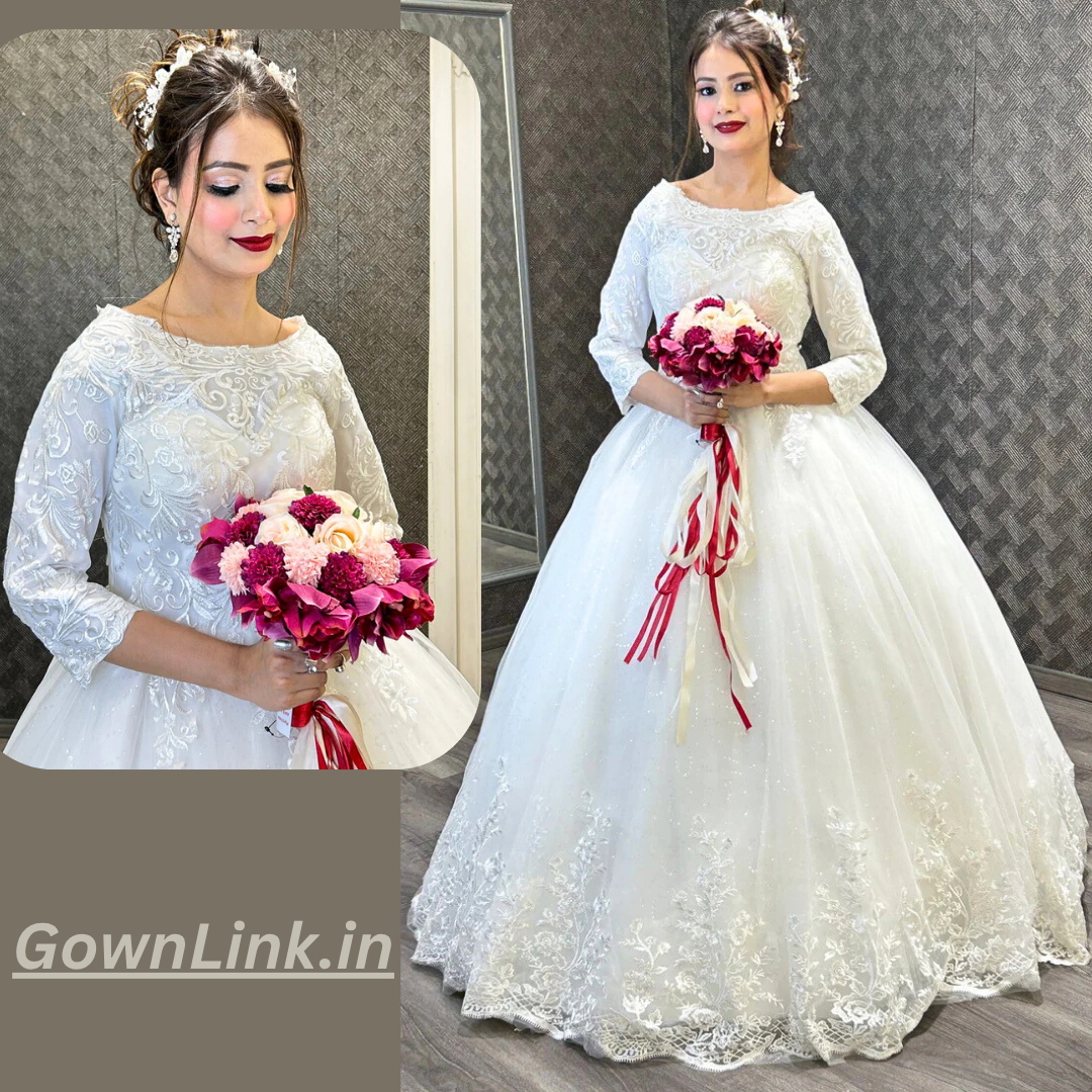 White modest wedding gown with sleeves in Jharkhand