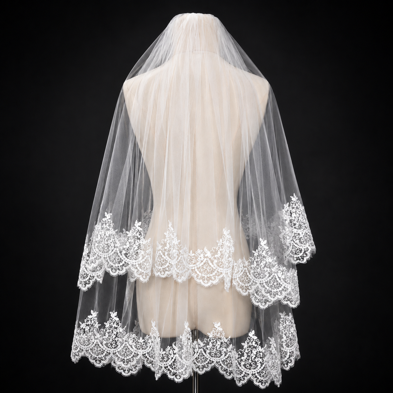 Front view of Bridal Veil with Lace draped over model — GownLink GLHLCV2