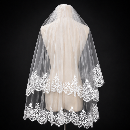 Front view of Bridal Veil with Lace draped over model — GownLink GLHLCV2