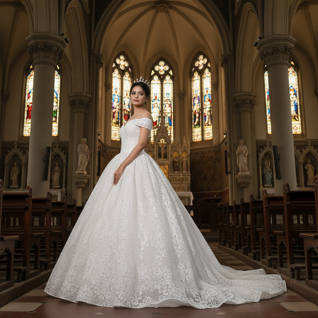 GownLink White Christian Catholic Church Wedding Sparkle Off Shoulder Bridal Train Gown GLGT1088T