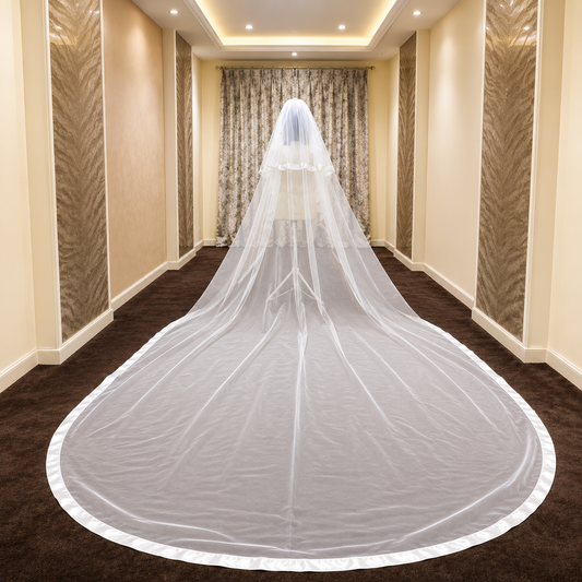 Back view of Long Bridal Veil showing full length and drape — GownLink GLVL