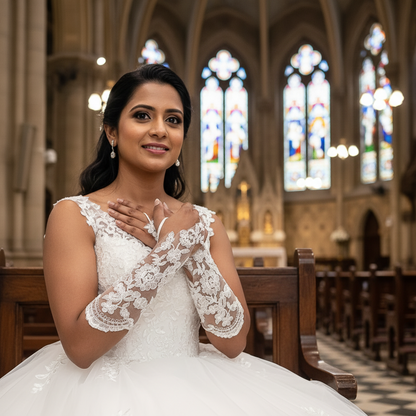 Modest bridal gloves for Catholic ceremony in Nagaland