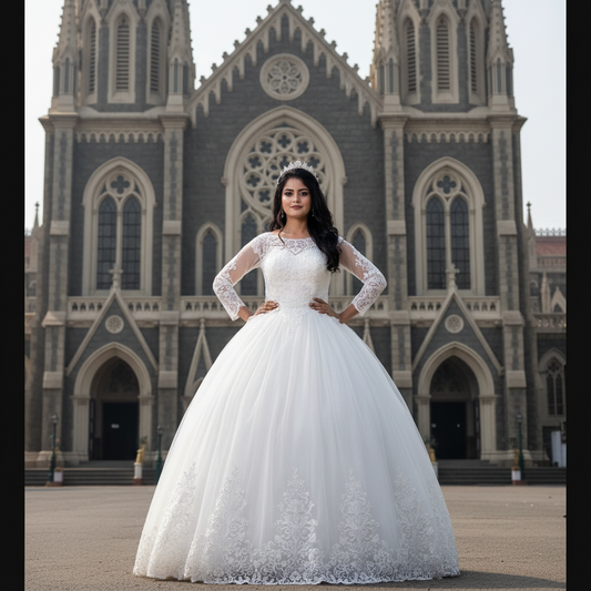 White lace wedding gown for Christian bride in Karnatak