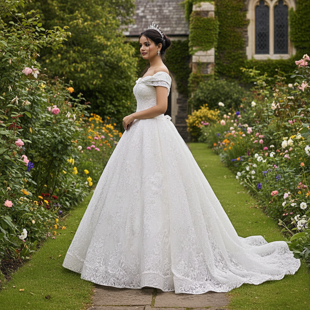 GownLink White Christian Catholic Church Wedding Sparkle Off Shoulder Bridal Train Gown GLGT1088T