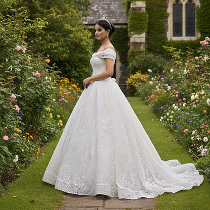 GownLink White Christian Catholic Church Wedding Sparkle Off Shoulder Bridal Train Gown GLGT1088T