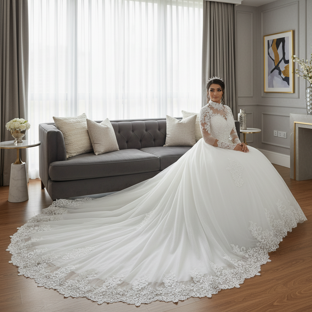 GownLink White Cathedral Train High Neck Church Wedding Bridal Gown GLGT053T