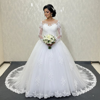 GownLink Dreamy White Church Wedding Gown with Beaded Lace Train Elegant Christian & Catholic Bridal Dress for Brides-GLGT009T