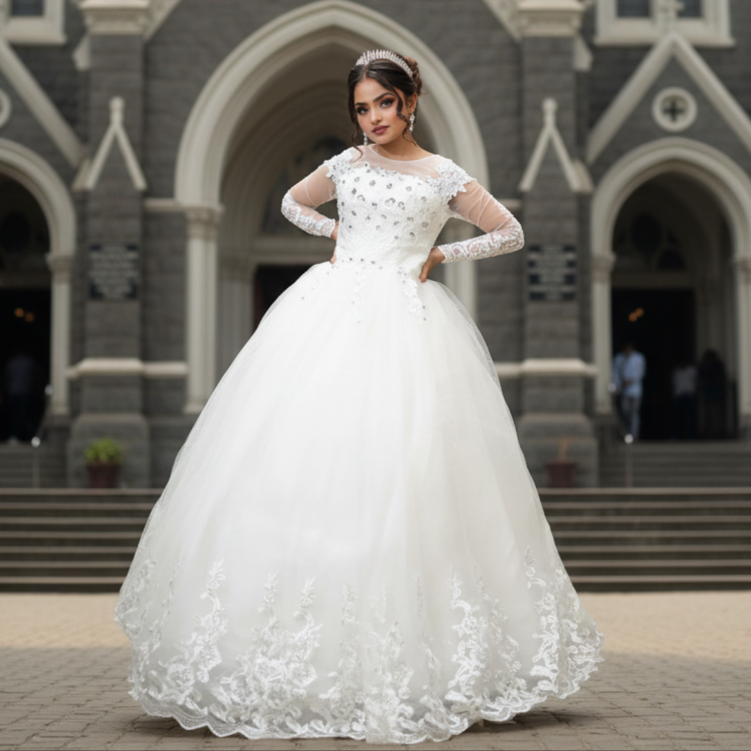 GownLink Elegant White Bridal Ball Gown with Rhinestone for Christian Catholic Brides GLHMD16050083B
