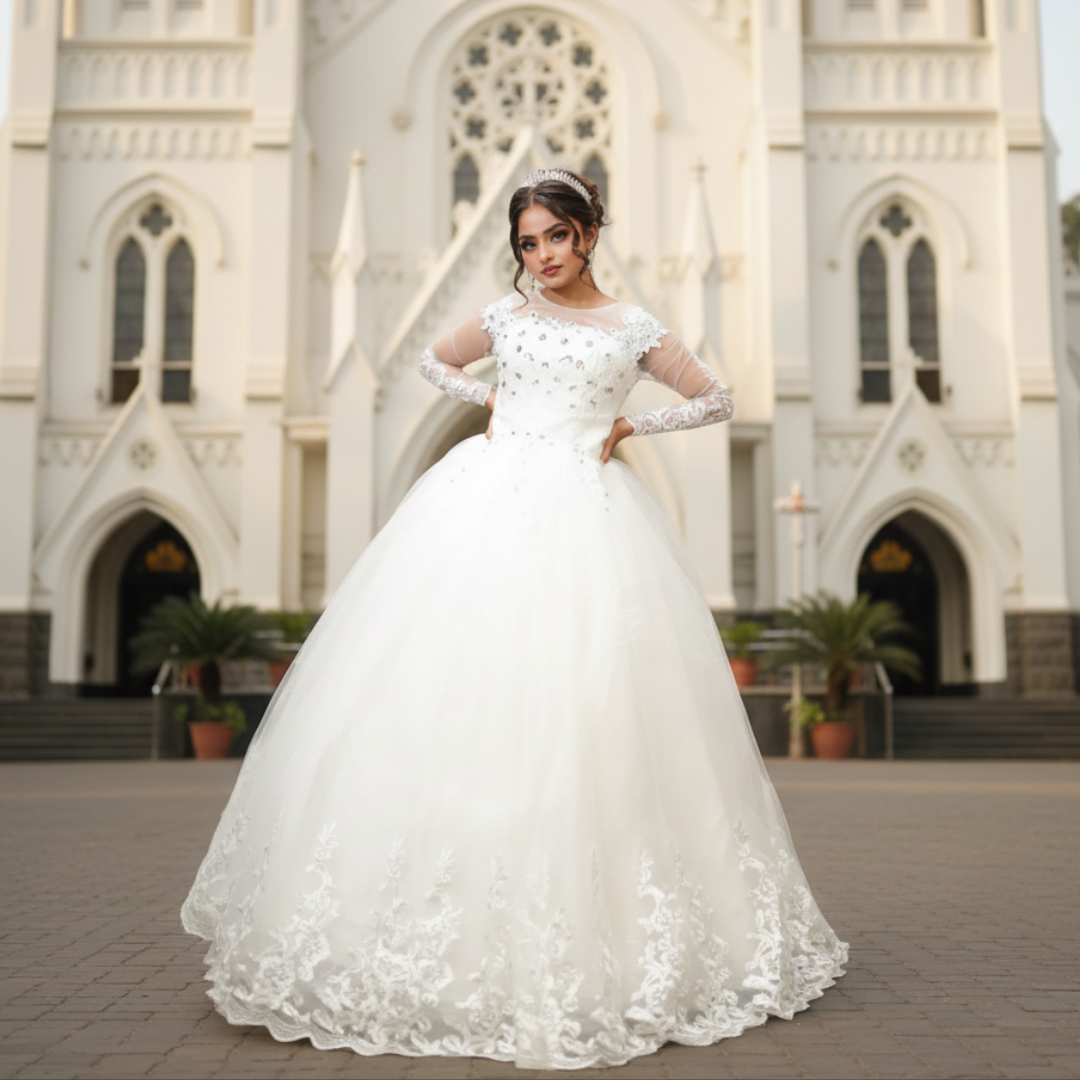 GownLink Elegant White Bridal Ball Gown with Rhinestone for Christian Catholic Brides GLHMD16050083B