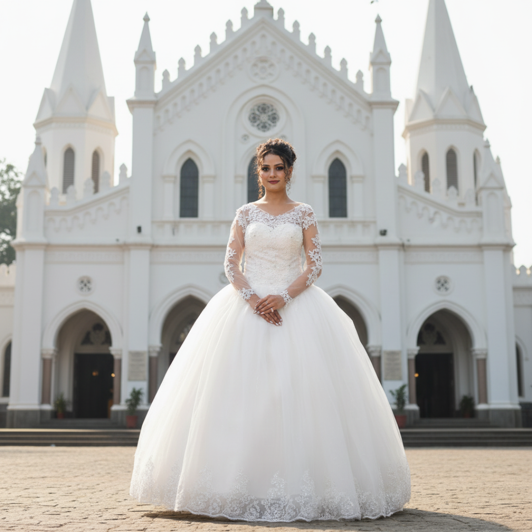 GownLink Luxury White Sequence Lace Church Wedding Princess Ball Gown GLHSD189CBS