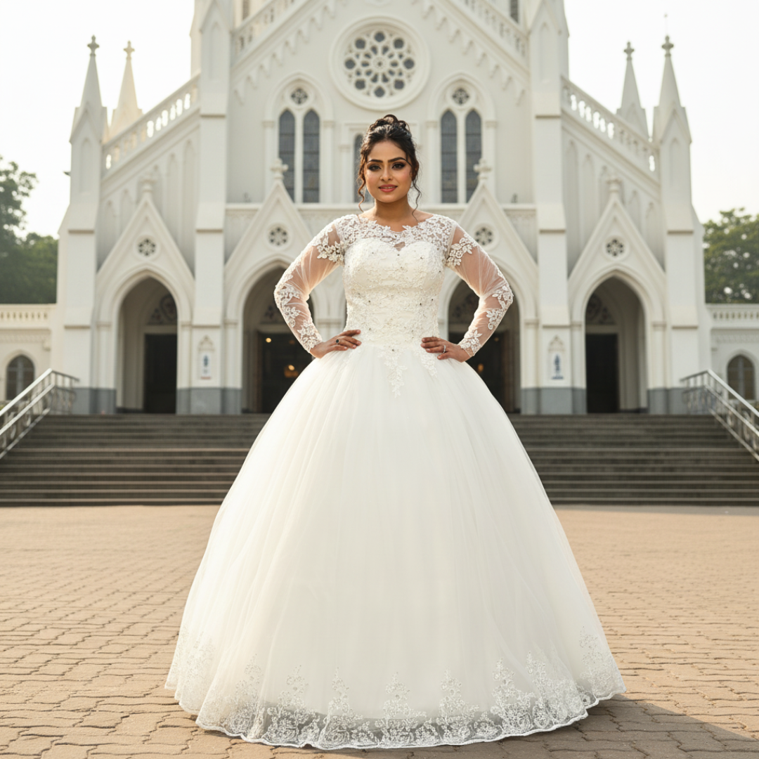 GownLink Luxury White Sequence Lace Church Wedding Princess Ball Gown GLHSD189CBS
