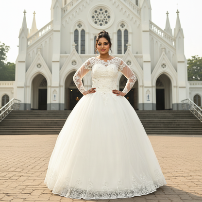 GownLink Luxury White Sequence Lace Church Wedding Princess Ball Gown GLHSD189CBS