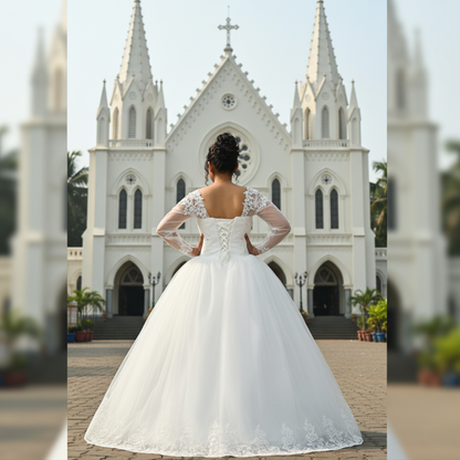 GownLink Luxury White Sequence Lace Church Wedding Princess Ball Gown GLHSD189CBS