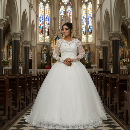 GownLink Luxury White Sequence Lace Church Wedding Princess Ball Gown GLHSD189CBS