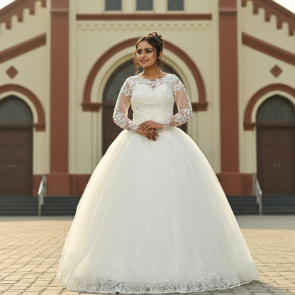 GownLink Luxury White Sequence Lace Church Wedding Princess Ball Gown GLHSD189CBS