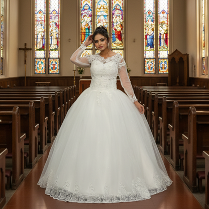GownLink Luxury White Sequence Lace Church Wedding Princess Ball Gown GLHSD189CBS