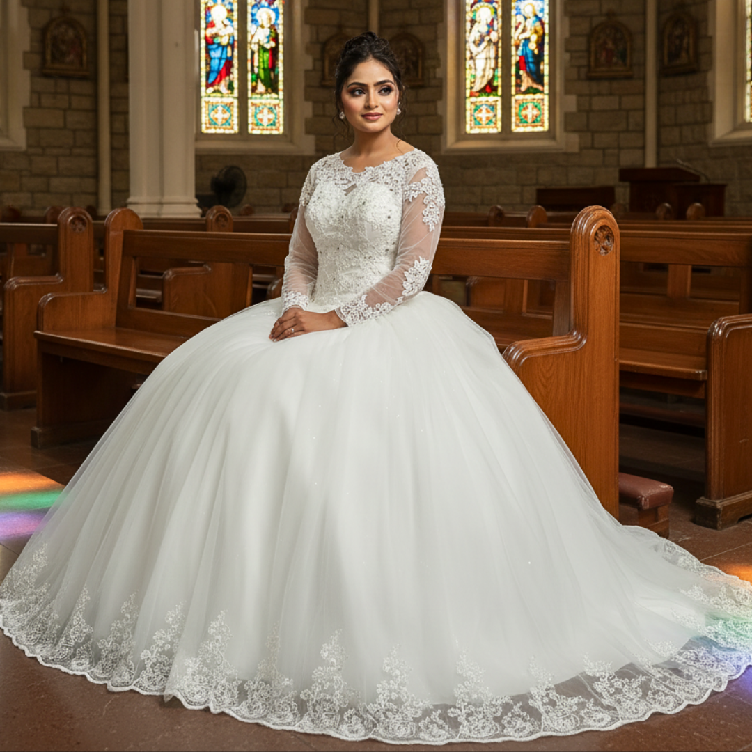 GownLink Luxury White Sequence Lace Church Wedding Princess Ball Gown GLHSD189CBS