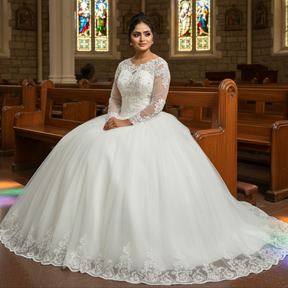 GownLink Luxury White Sequence Lace Church Wedding Princess Ball Gown GLHSD189CBS