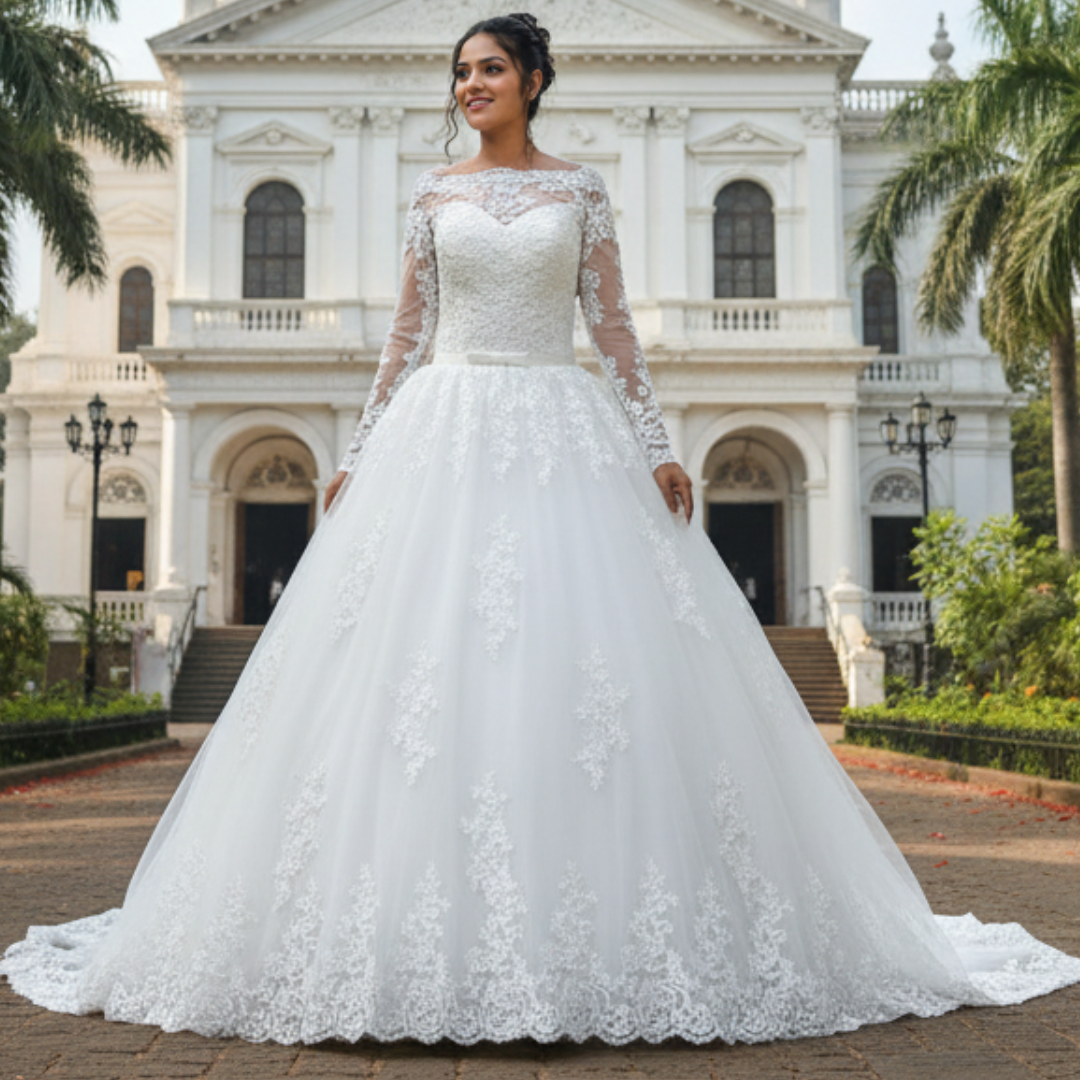 GownLink Classic White A-Line Bridal Gown with Full Sleeves and Long Train Style GLR015