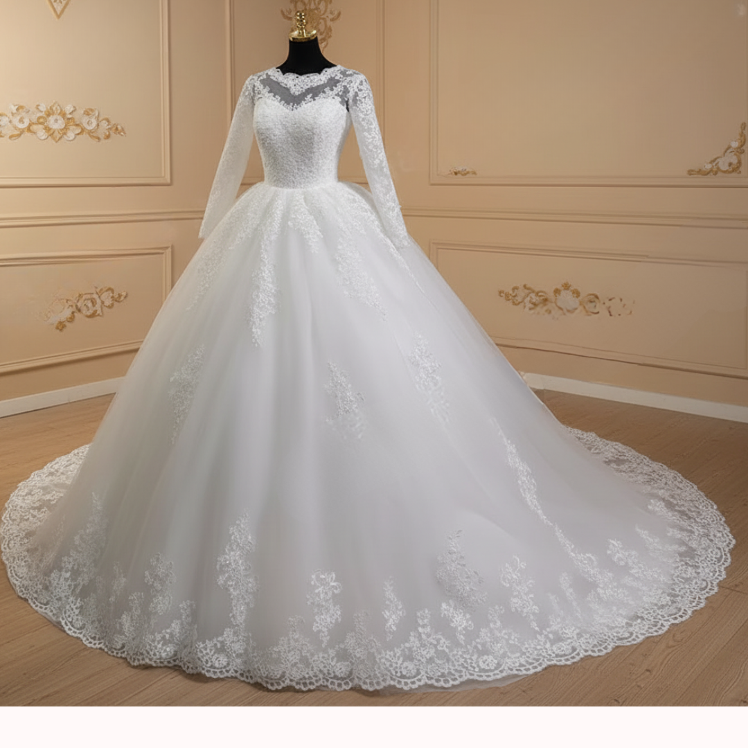 GownLink Classic White A-Line Bridal Gown with Full Sleeves and Long Train Style GLR015