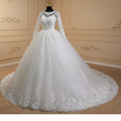 GownLink Classic White A-Line Bridal Gown with Full Sleeves and Long Train Style GLR015