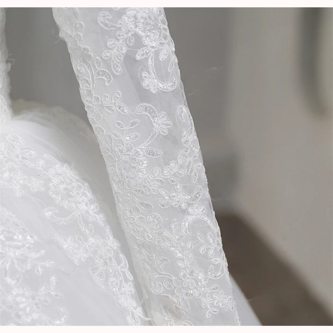 GownLink Classic White A-Line Bridal Gown with Full Sleeves and Long Train Style GLR015