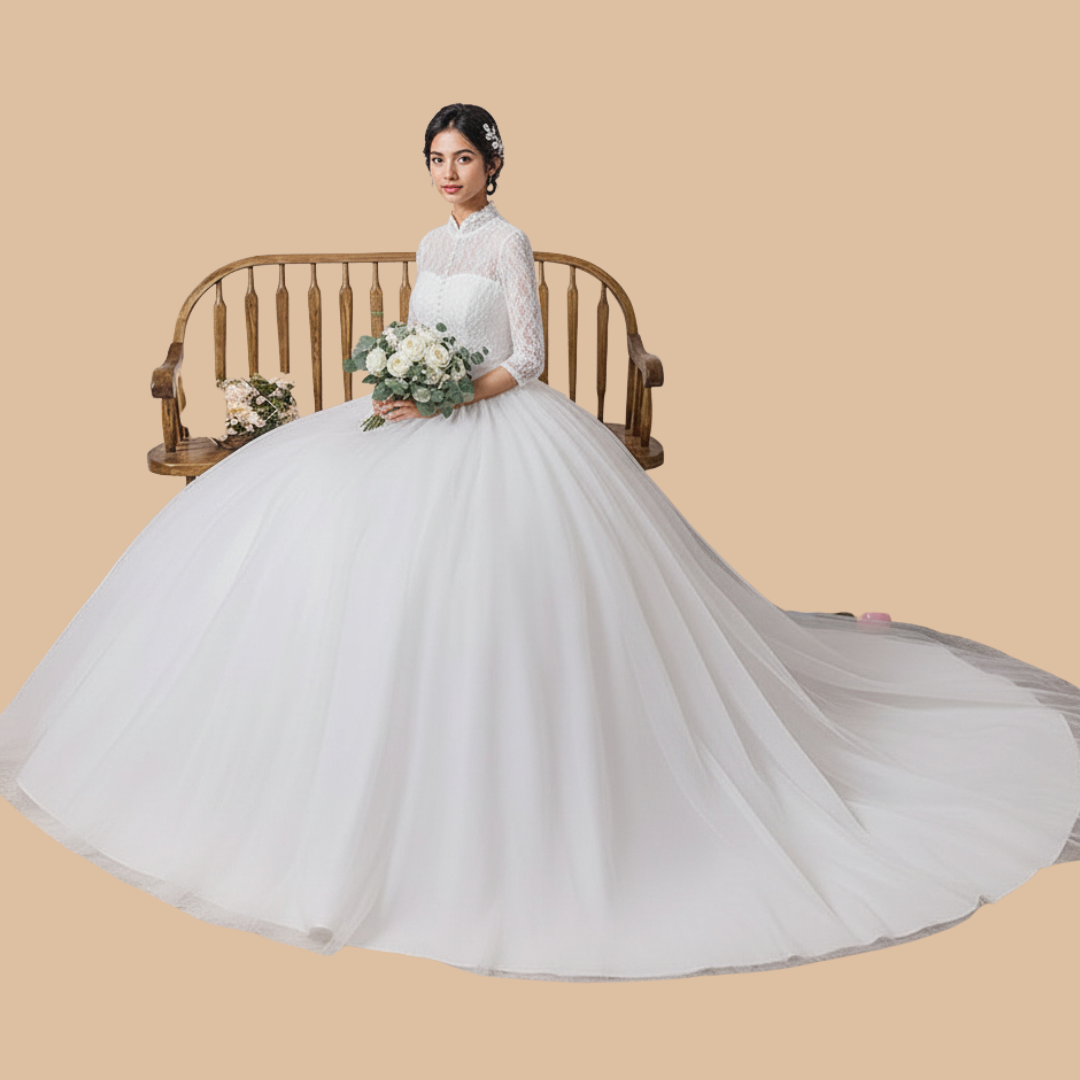 GownLink Elegant White Church Wedding Ball Gown for Christian & Catholic Bridal Wear GLFU257B