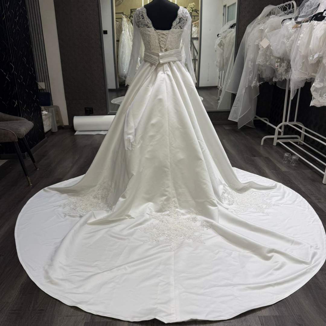 GownLink Luxury White Satin Bridal Train Gown for Christian & Catholic Weddings with Sleeves GLHSD691