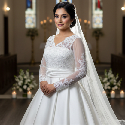 GownLink Luxury White Satin Bridal Train Gown for Christian & Catholic Weddings with Sleeves GLHSD691