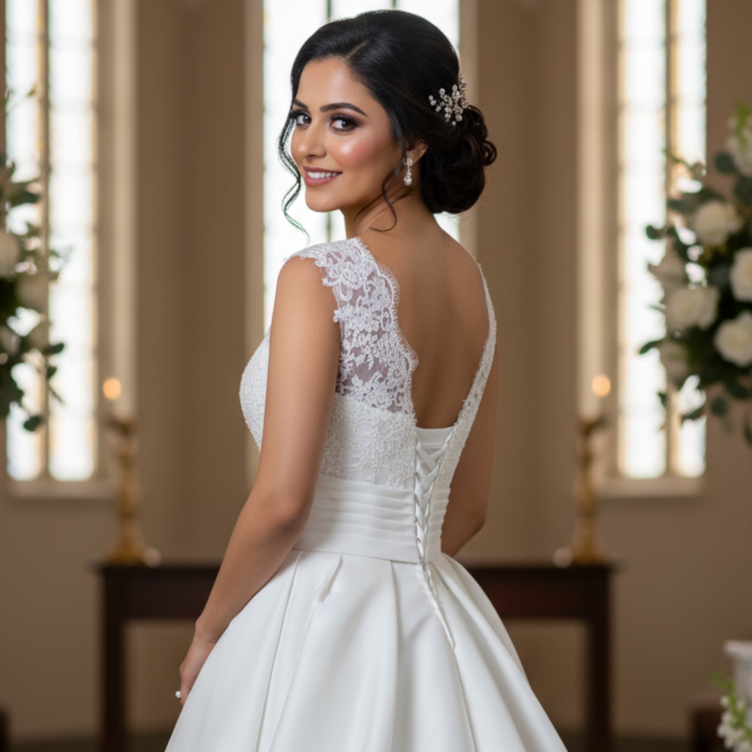 GownLink Luxury White Satin Bridal Train Gown for Christian & Catholic Weddings with Sleeves GLHSD691