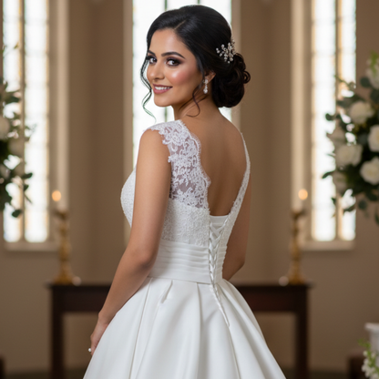 GownLink Luxury White Satin Bridal Train Gown for Christian & Catholic Weddings with Sleeves GLHSD691
