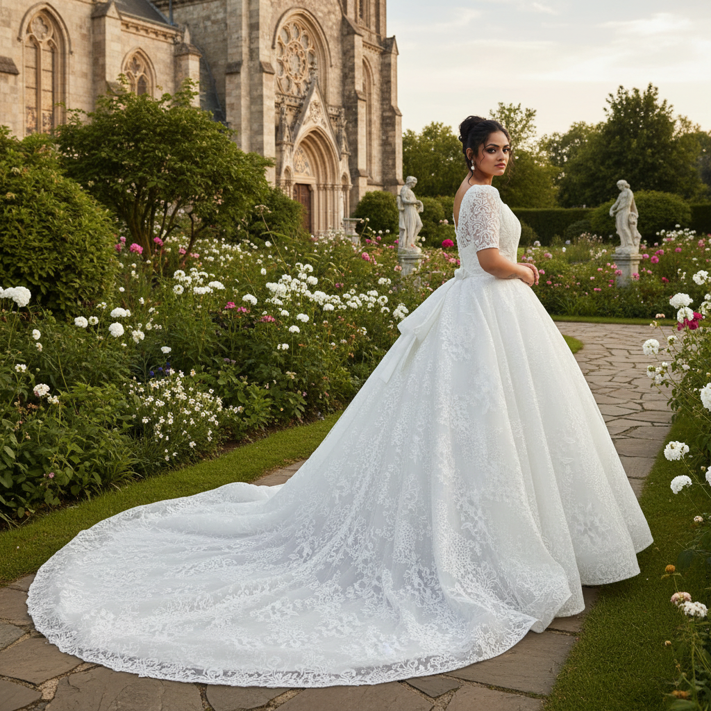 GownLink Luxury White Christian & Catholic Wedding Bridal Shimmer Sparkle Train Gown-GLGT166T