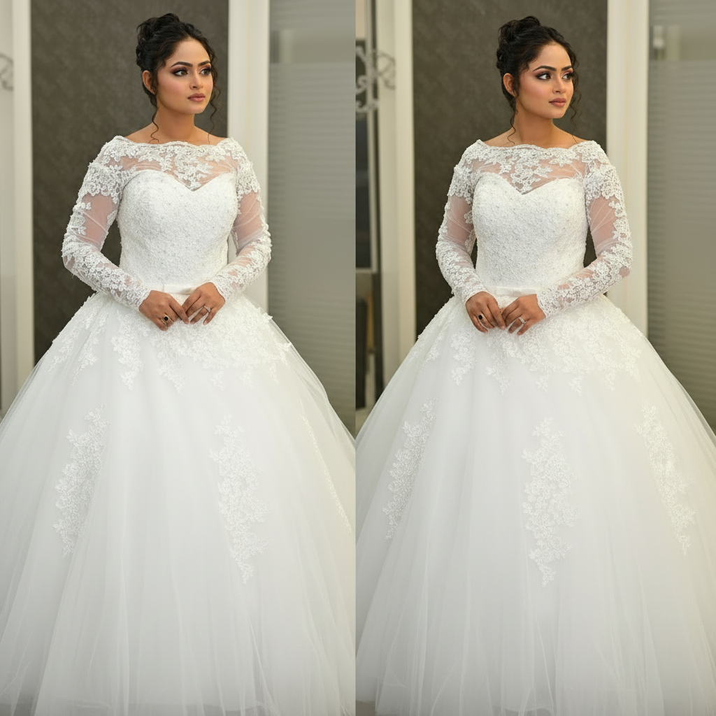 GownLink Classic White A-Line Bridal Gown with Full Sleeves and Long Train Style GLR015