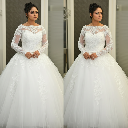 GownLink Classic White A-Line Bridal Gown with Full Sleeves and Long Train Style GLR015