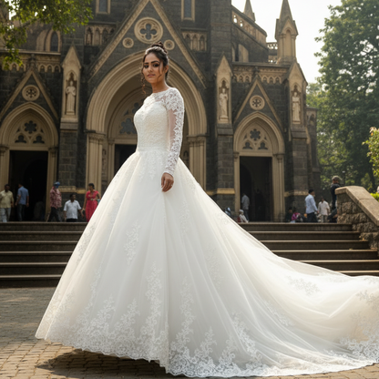 GownLink Classic White A-Line Bridal Gown with Full Sleeves and Long Train Style GLR015