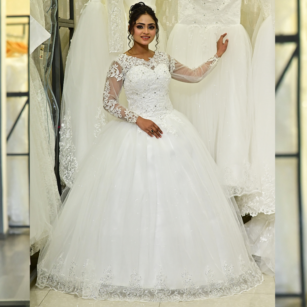 GownLink Luxury White Sequence Lace Church Wedding Princess Ball Gown GLHSD189CBS