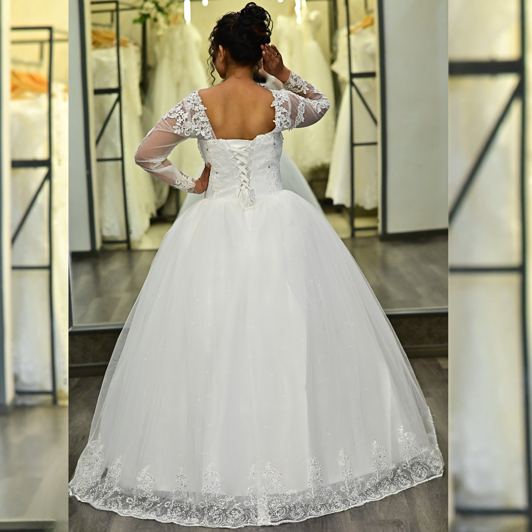 GownLink Luxury White Sequence Lace Church Wedding Princess Ball Gown GLHSD189CBS